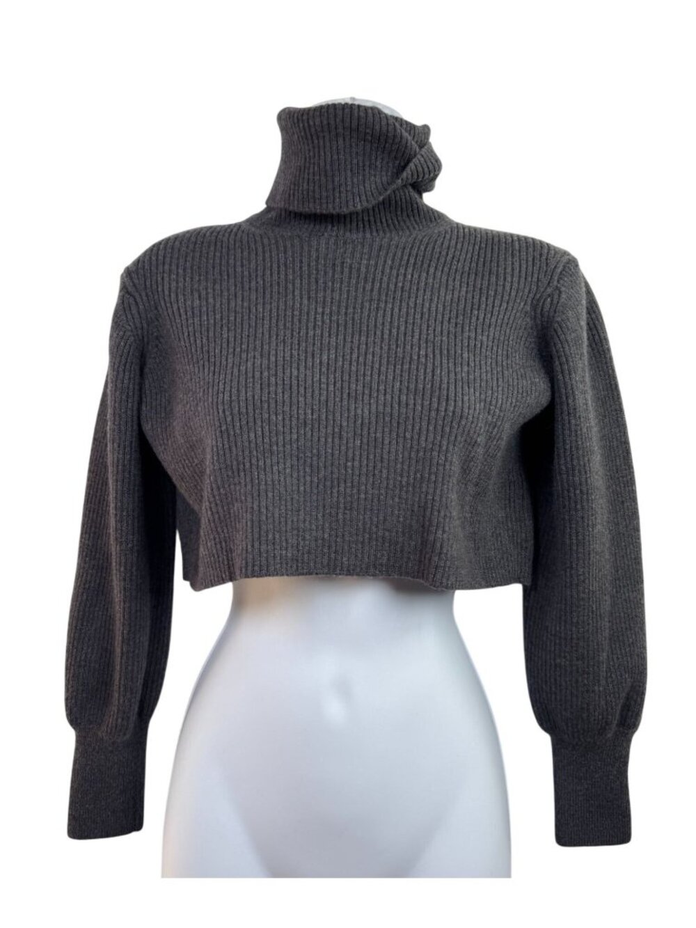 Aritzia Wilfred Ribbed Gray Cropped Turtleneck Sweater 100% Merino Wool size XS